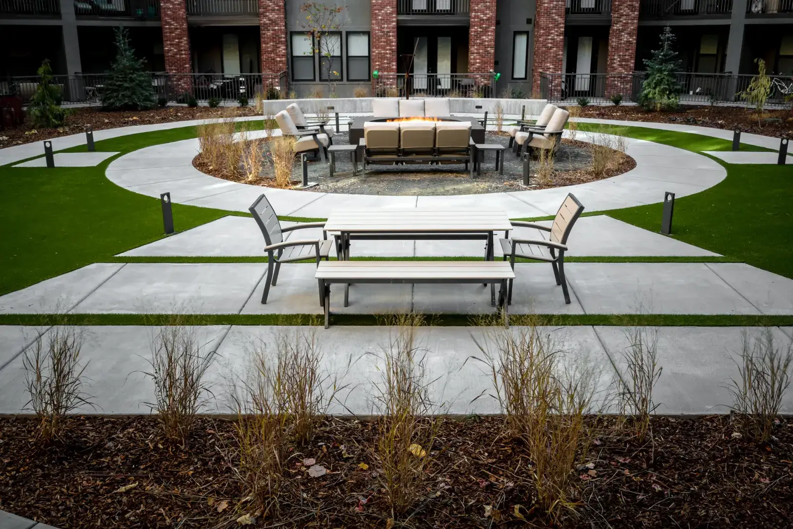 Center courtyard fire circle and lawn, read from above