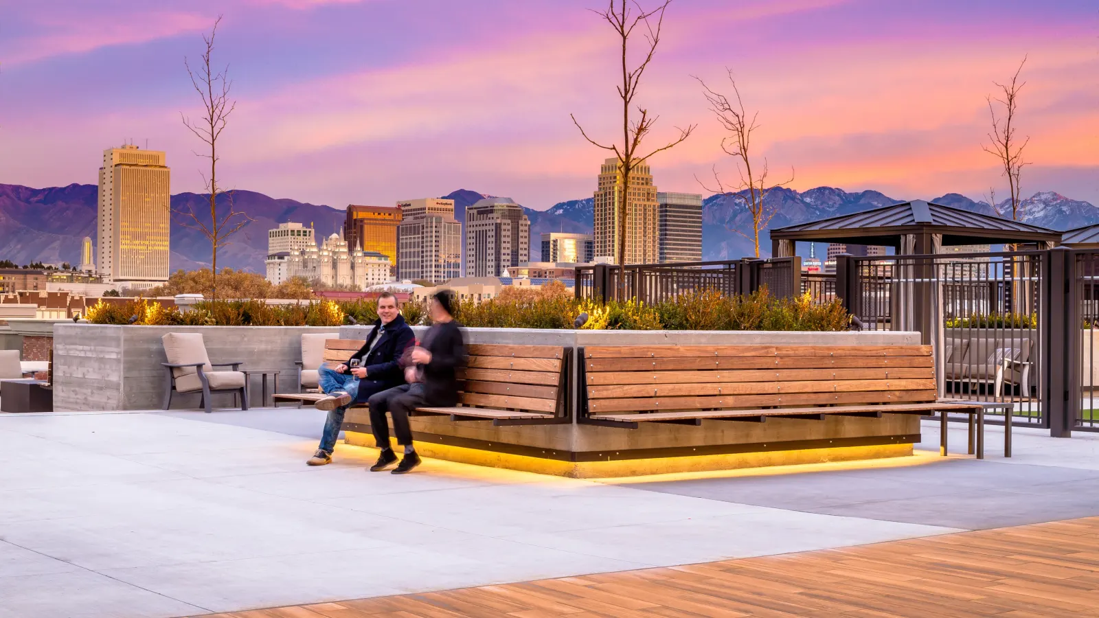 The bench at sunset, the city beyond