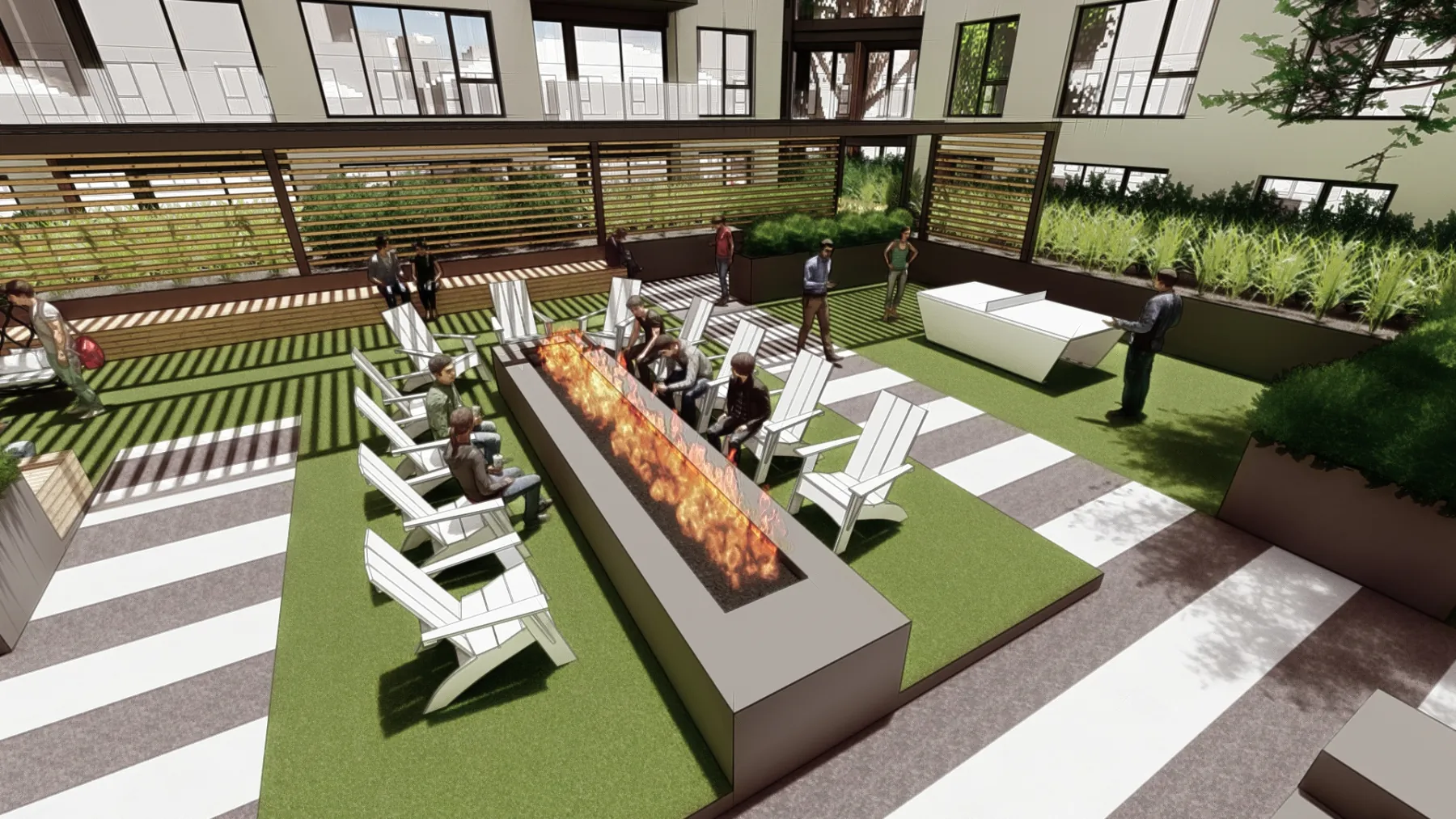 6th + Main, rooftop fire table (concept rendering)