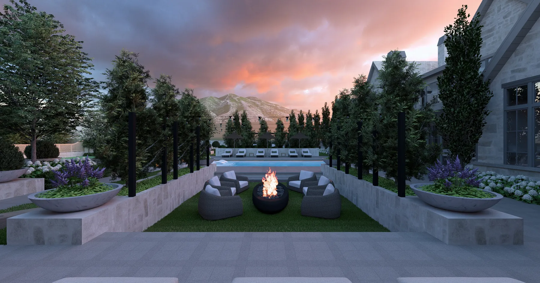 Draper Residence, fire pit at dusk (concept rendering)