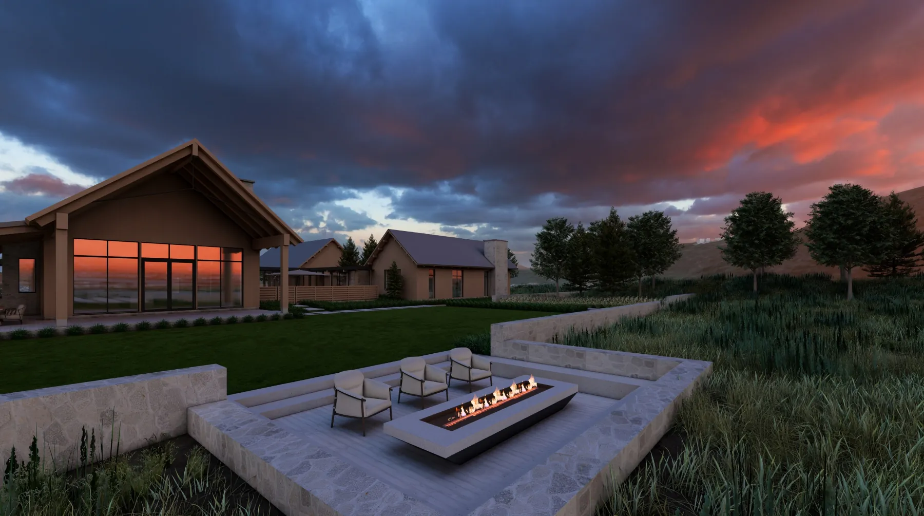 Park City Residence, fire court at sunset (concept rendering)