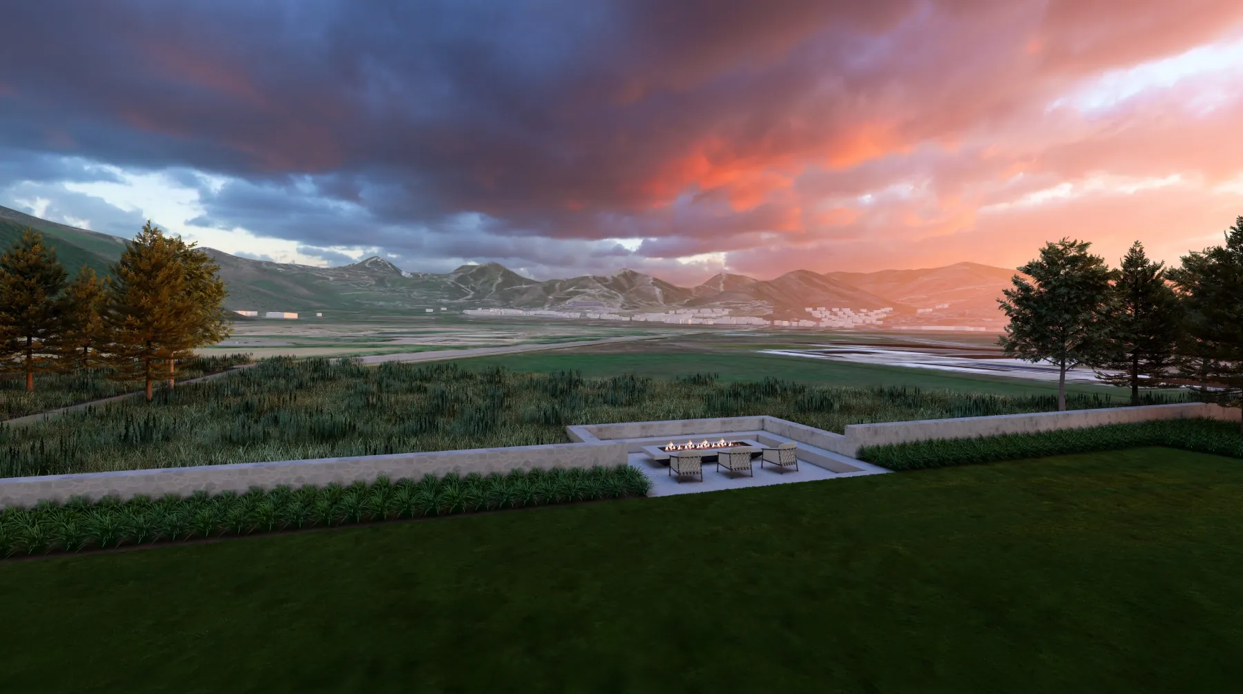 Park City Residence, fire court at sunset (concept rendering)