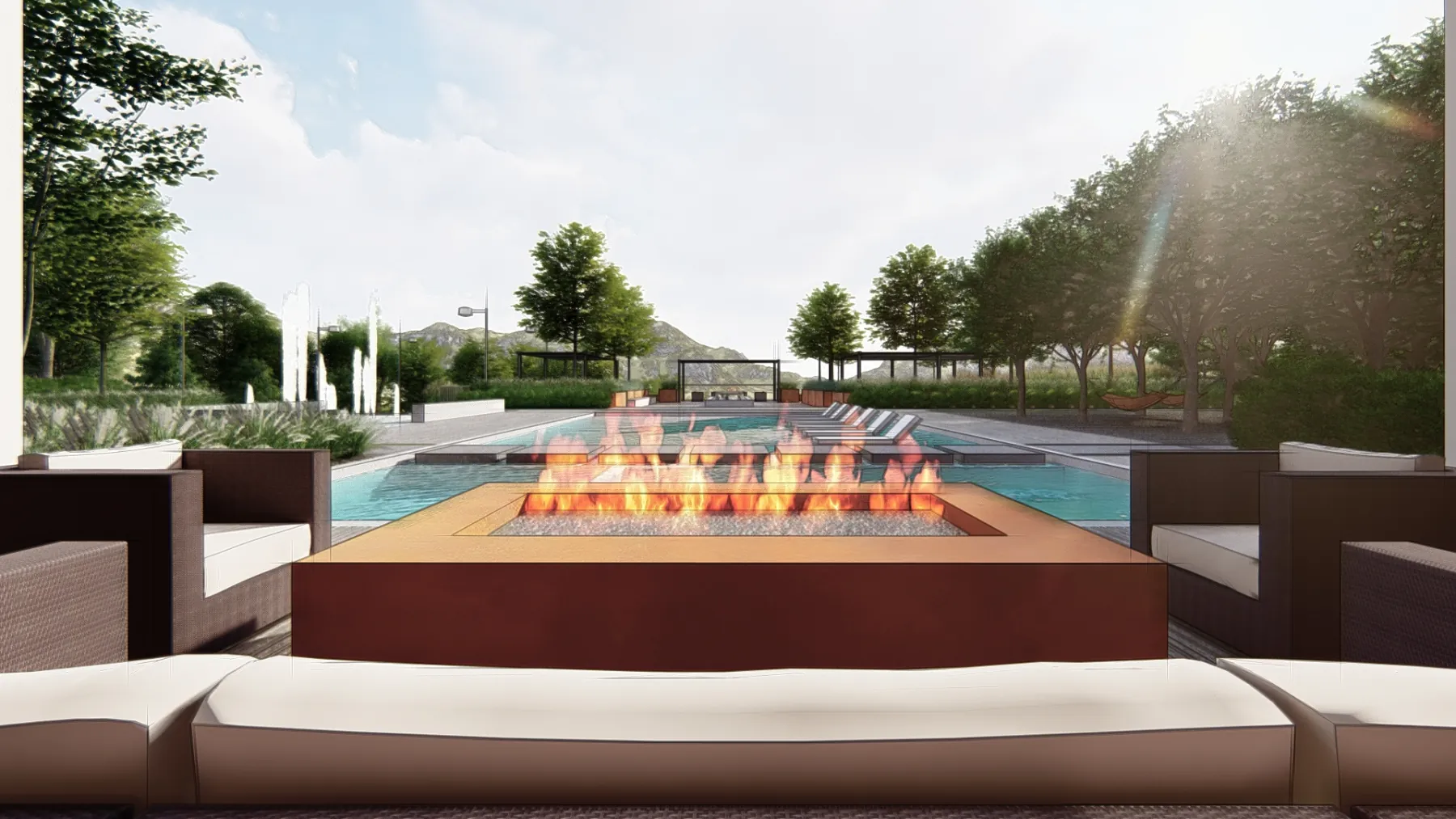 Quail Hollow concept render: the fire lounge at the pool at sunset