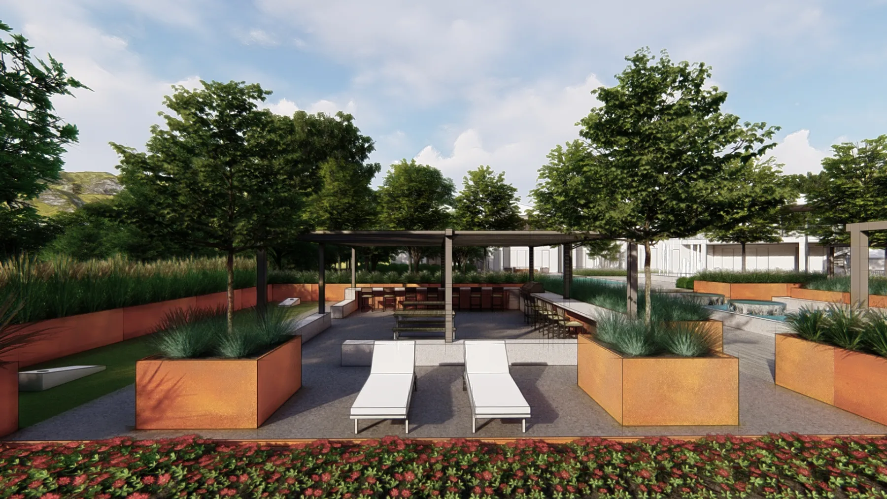 Quail Hollow, loungers under the pergola (concept rendering)