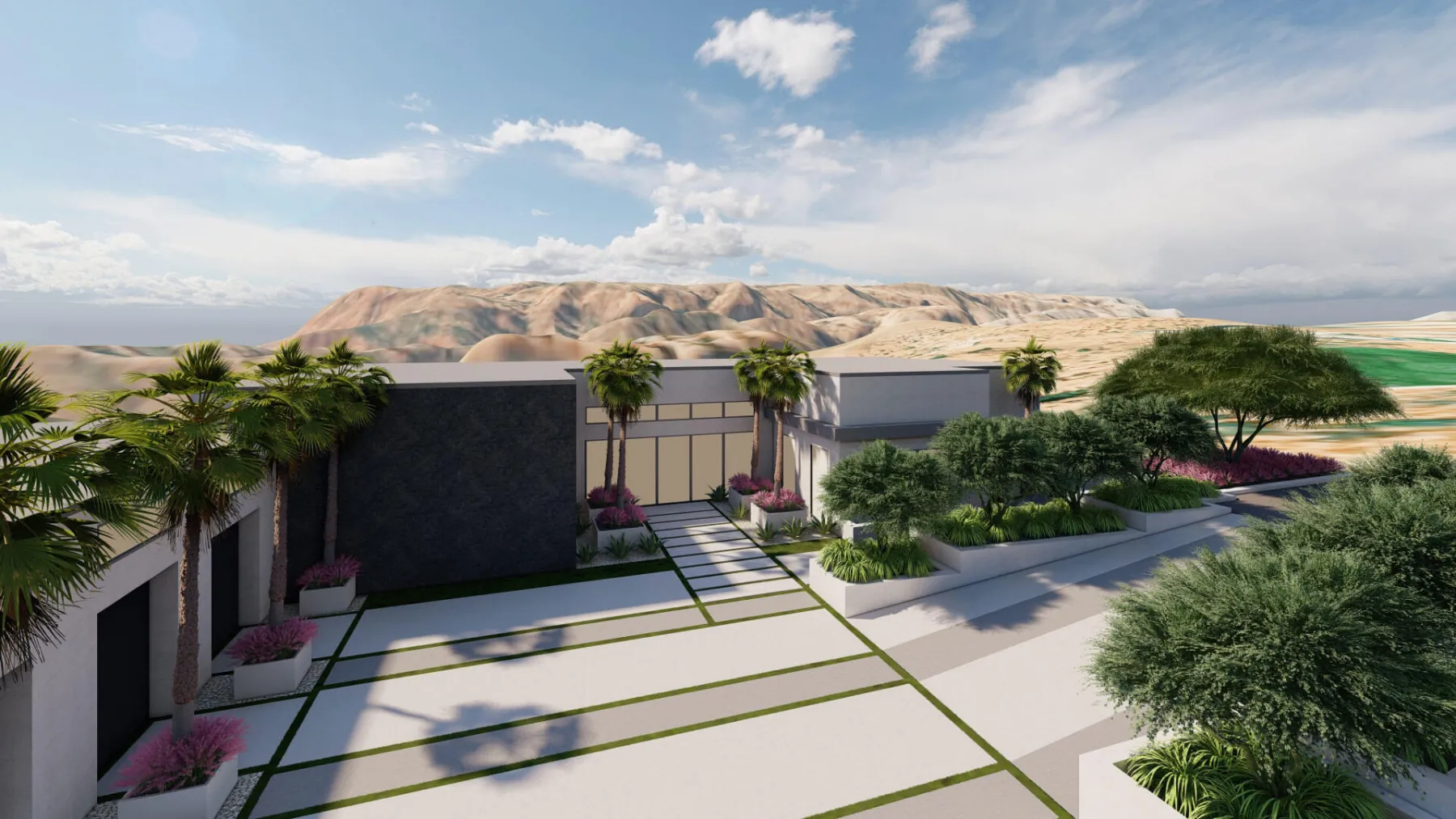 Setting Sun, driveway and front entry (concept rendering)