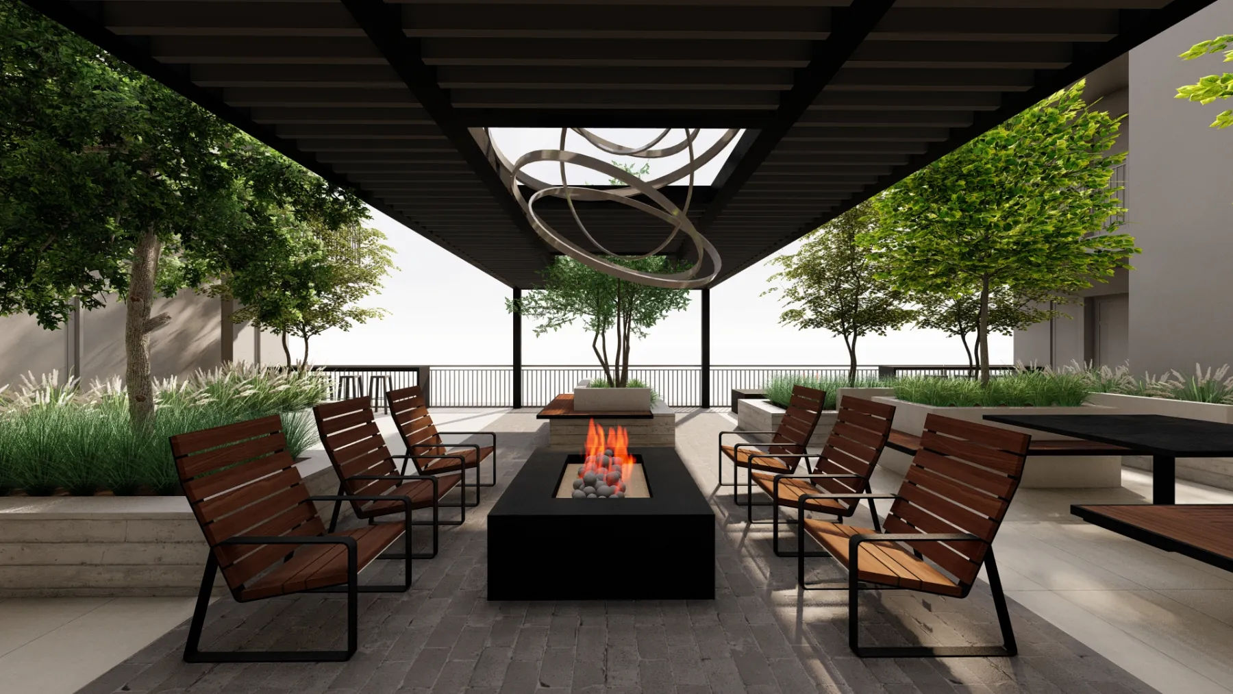 SoHi, the center fire pit and sculpture (concept rendering)