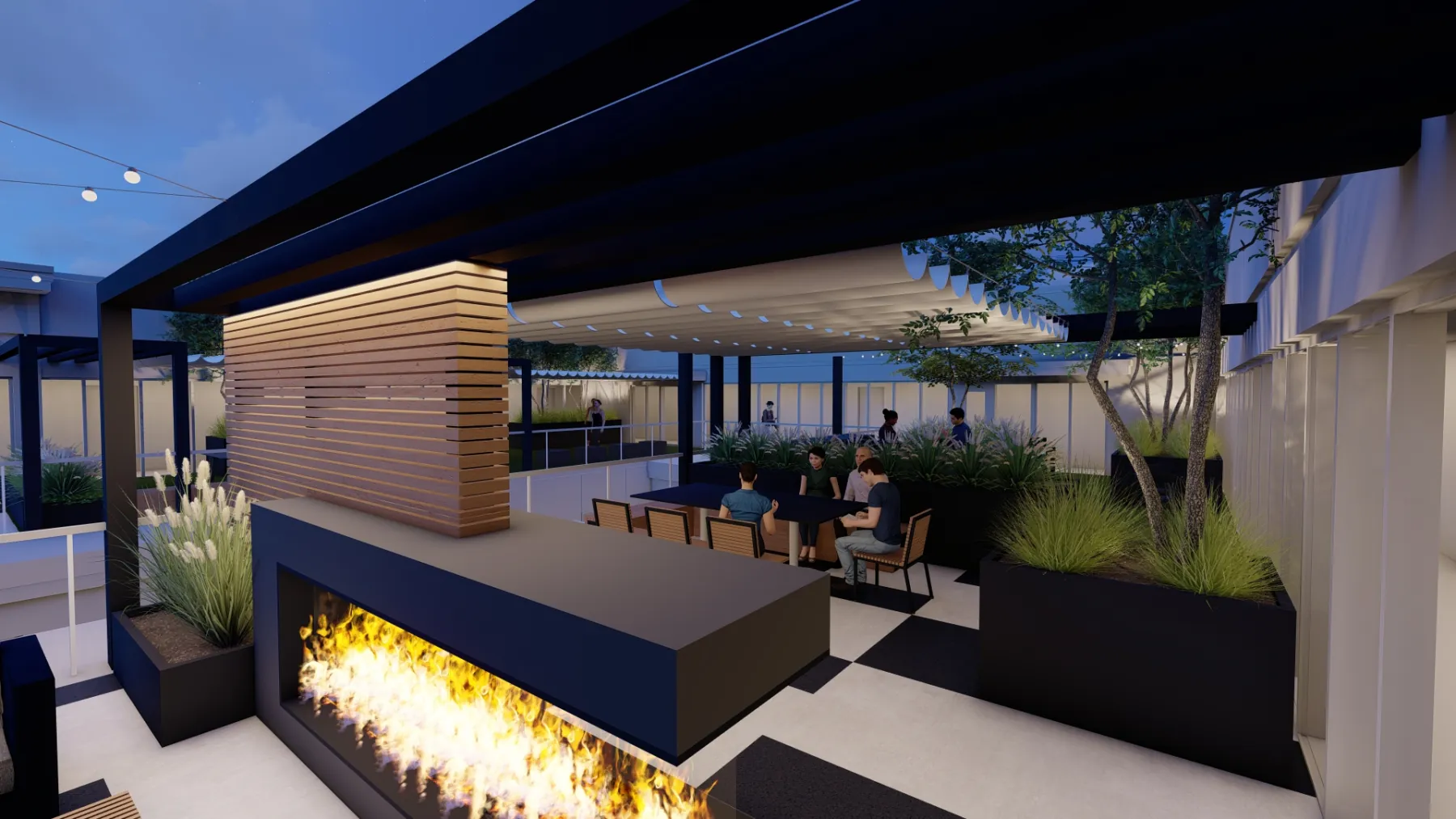 Tradition Pointe, fireplace lounge at night (concept rendering)