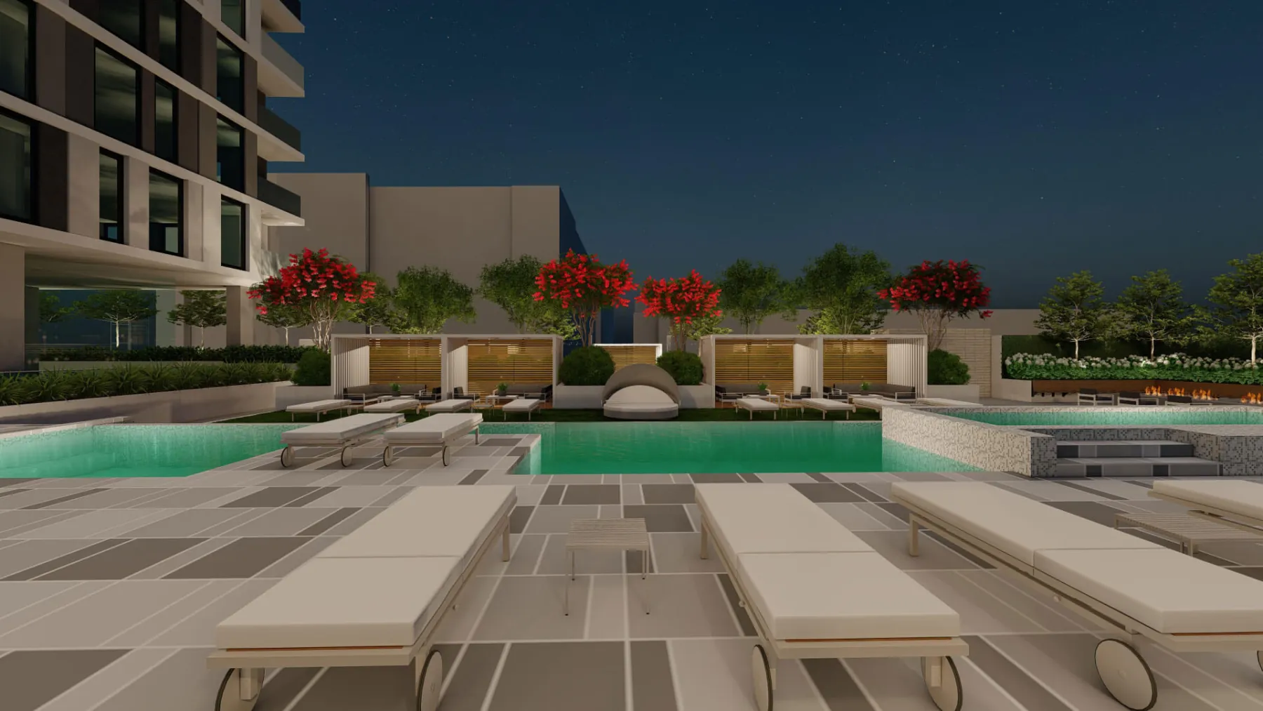 Urban High-Rise, pool loungers and cabanas (concept rendering)