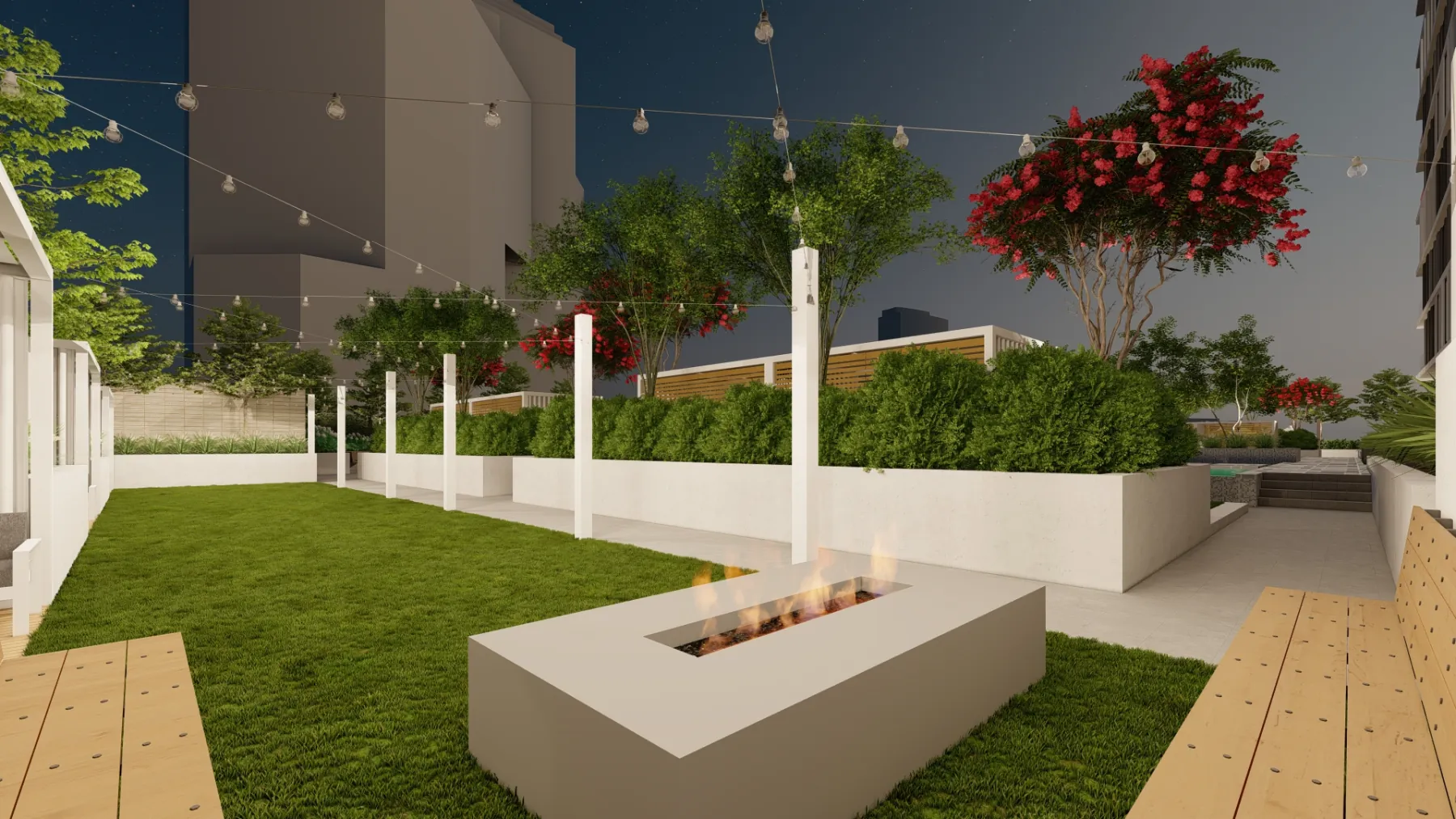 Urban High-Rise, lawn under string lights (concept rendering)