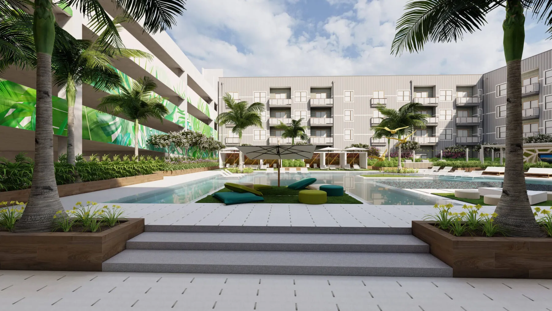 Urban Mixed-Use, pool courtyard steps (concept rendering)