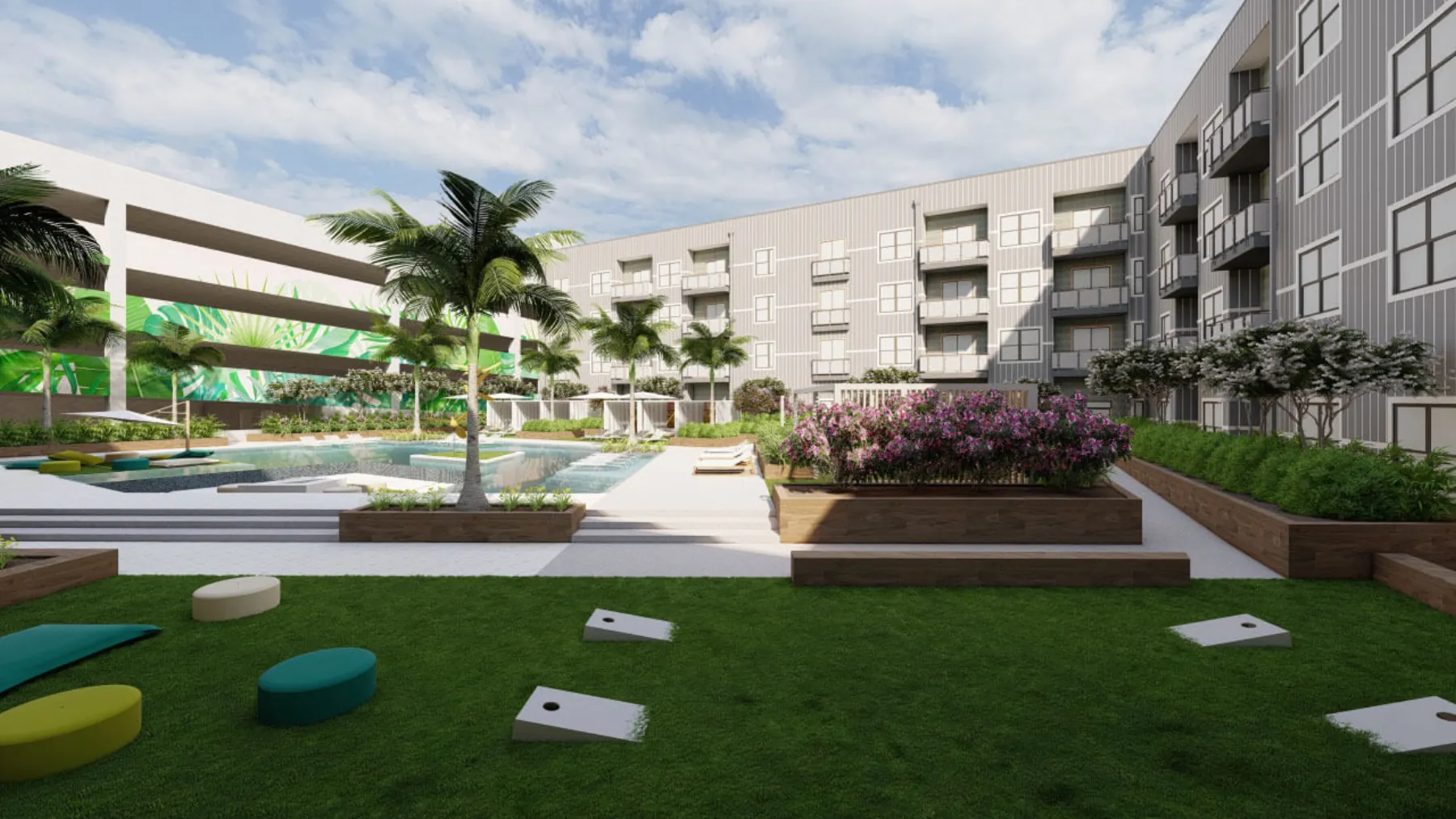 Urban Mixed-Use, pool courtyard outdoor games (concept rendering)
