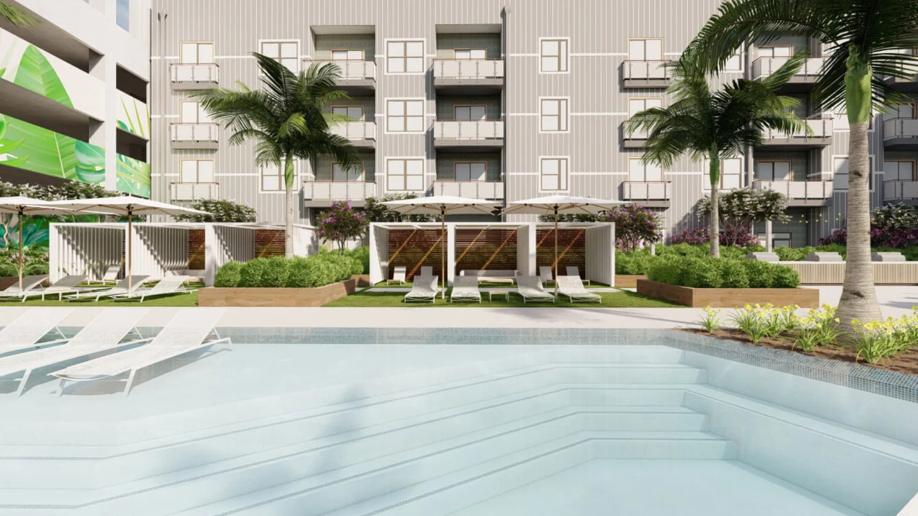 Urban Mixed-Use, pool loungers and cabanas (concept rendering)