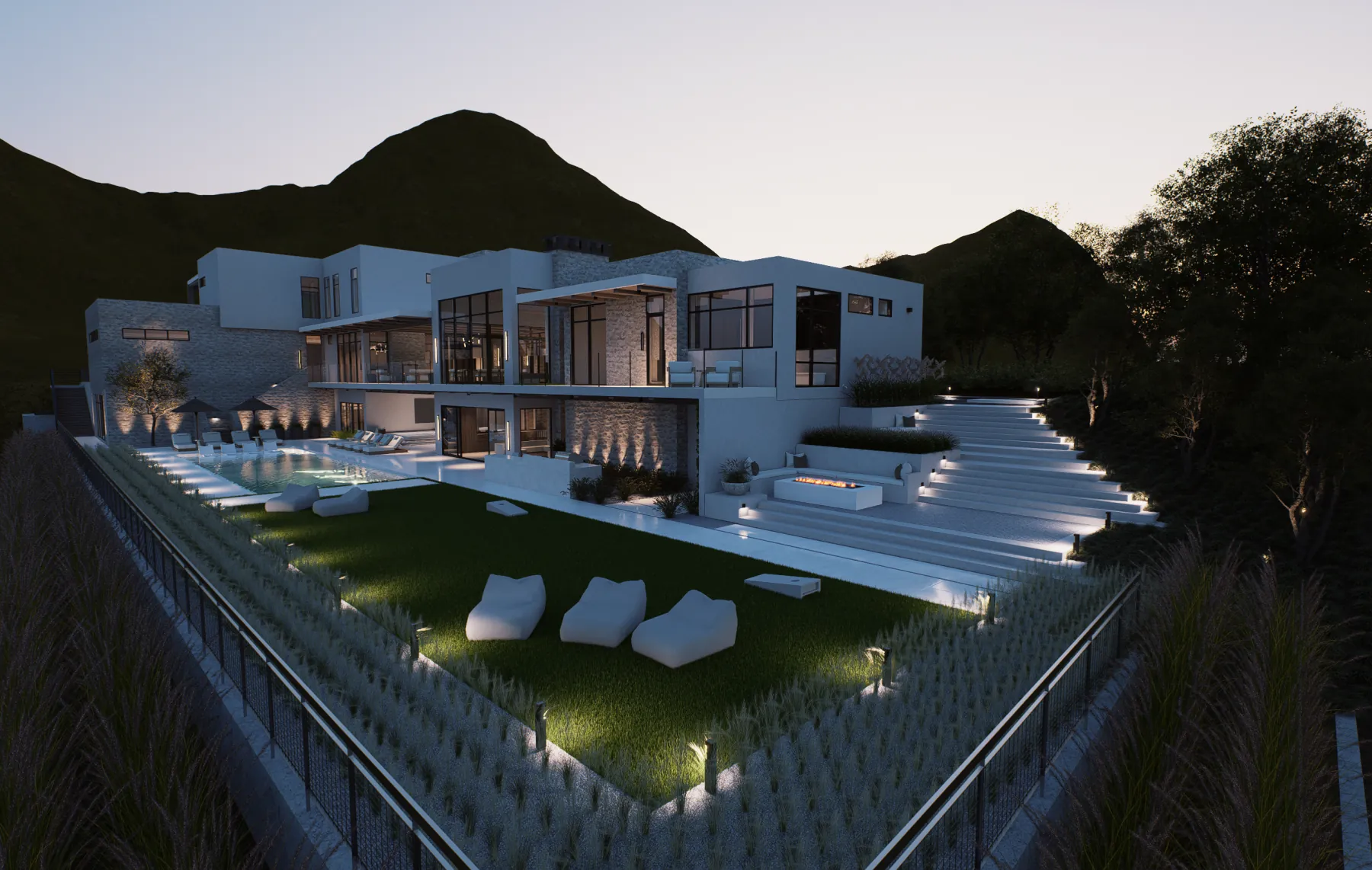 Vialetto, backyard at dusk (concept rendering)