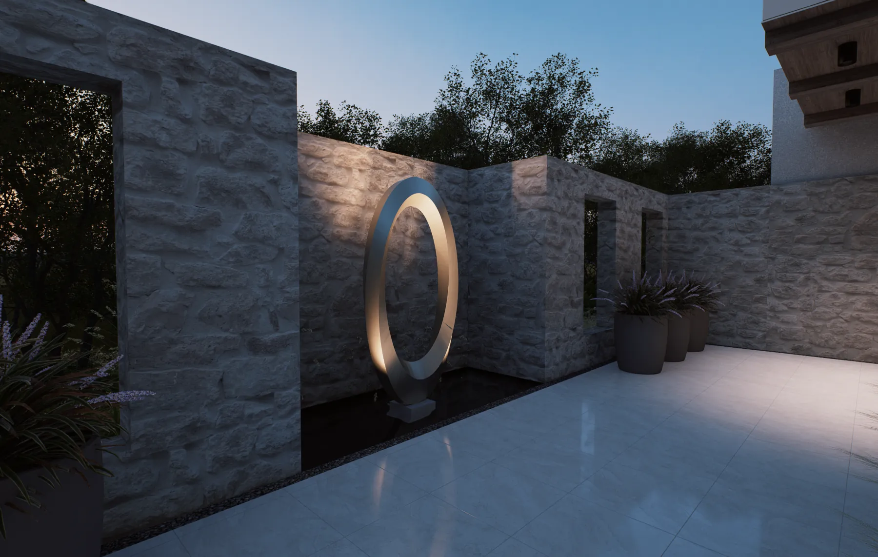 Vialetto, entry court at dusk (concept rendering)