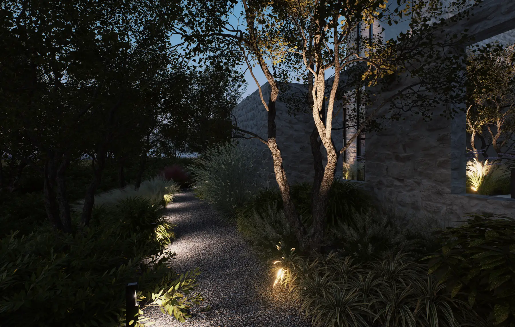 Vialetto, garden path at dusk (concept rendering)