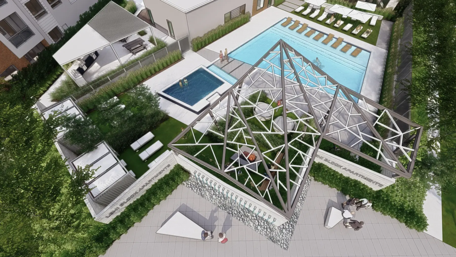Bird’s-eye rendering of the shade structure at the street corner, its fractal shadow on the deck