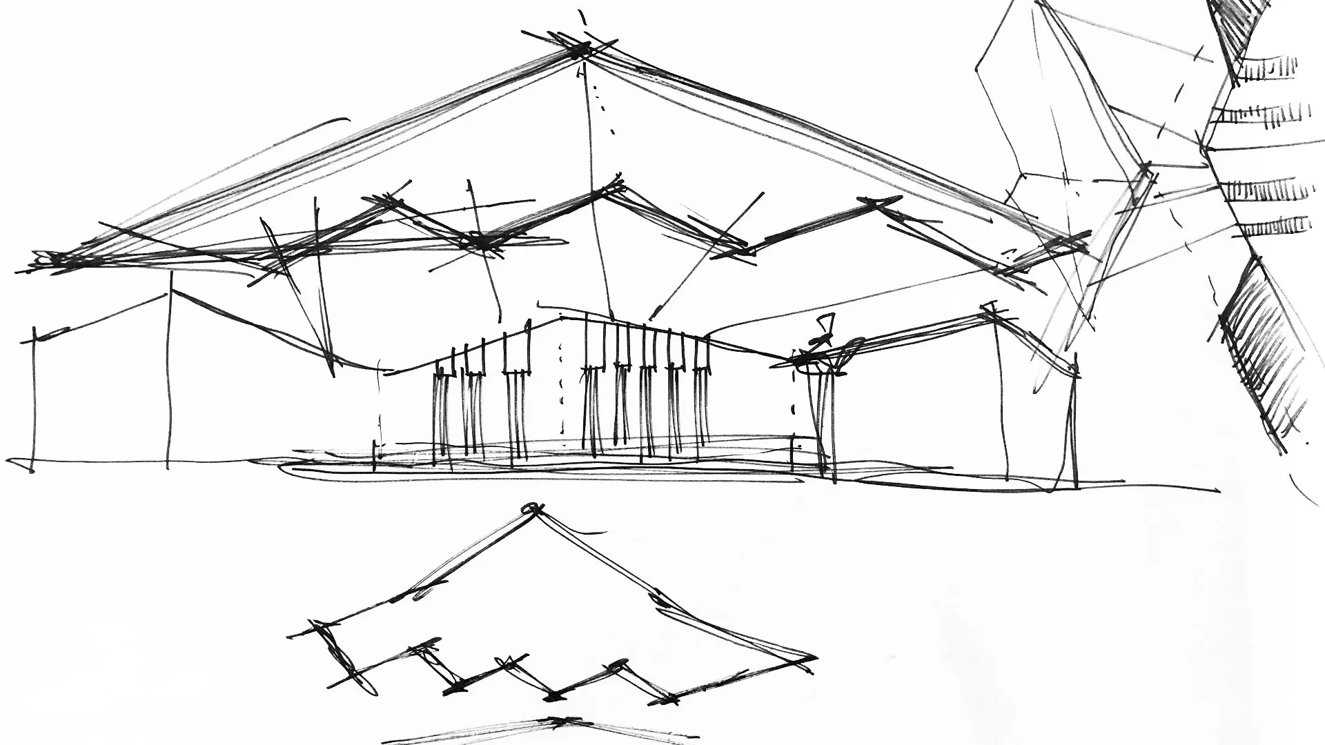 Charrette sketch on trace paper, shade structure study