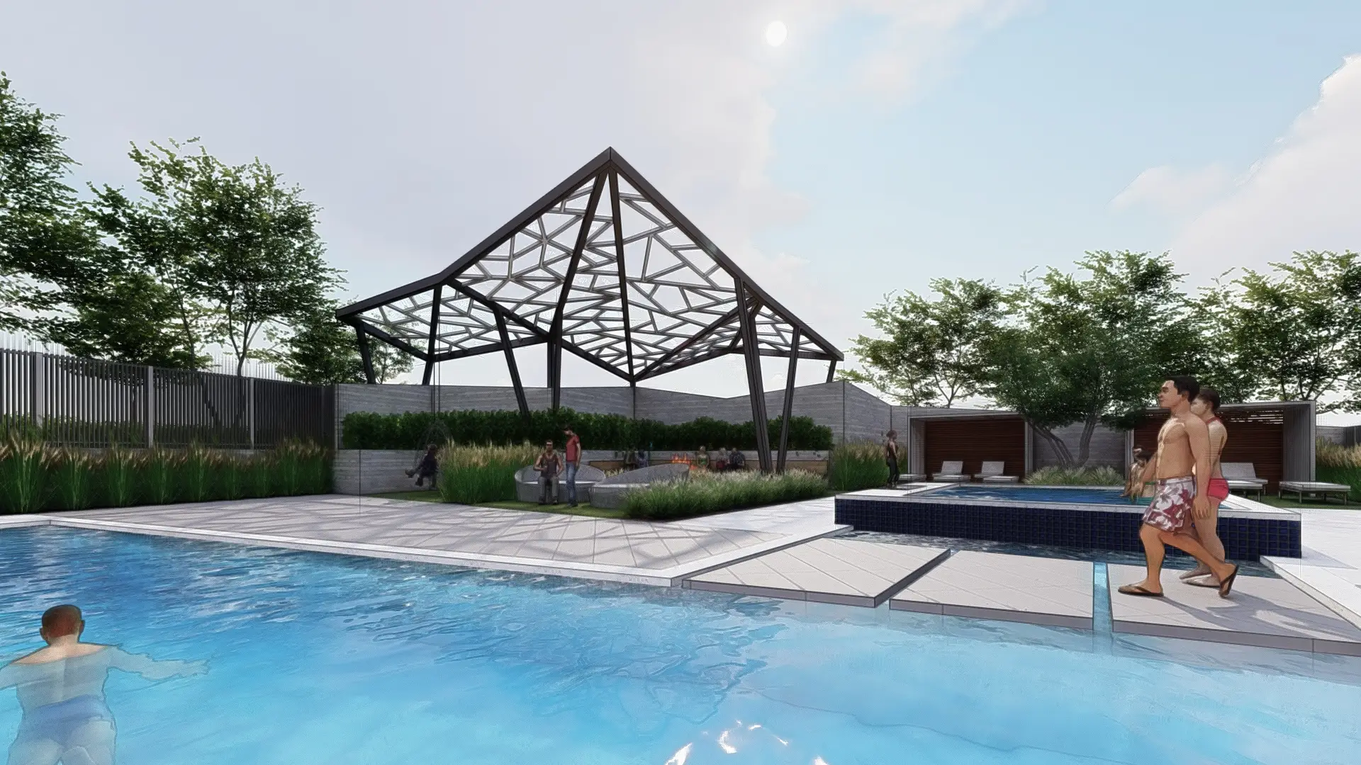 Rendering of the Embold pool with the fractal shade structure beyond