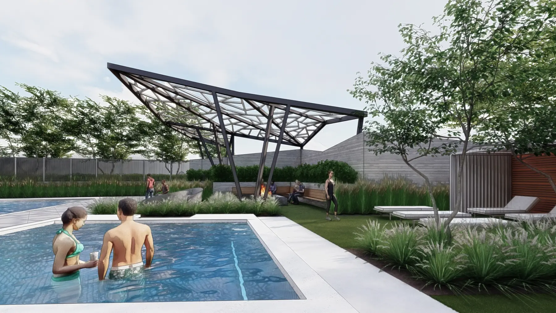 Rendering of residents in the Embold pool beside the shade structure