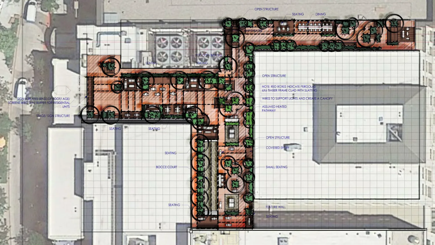 Hidden Gem rooftop concept plan, the L-shaped roof between the towers