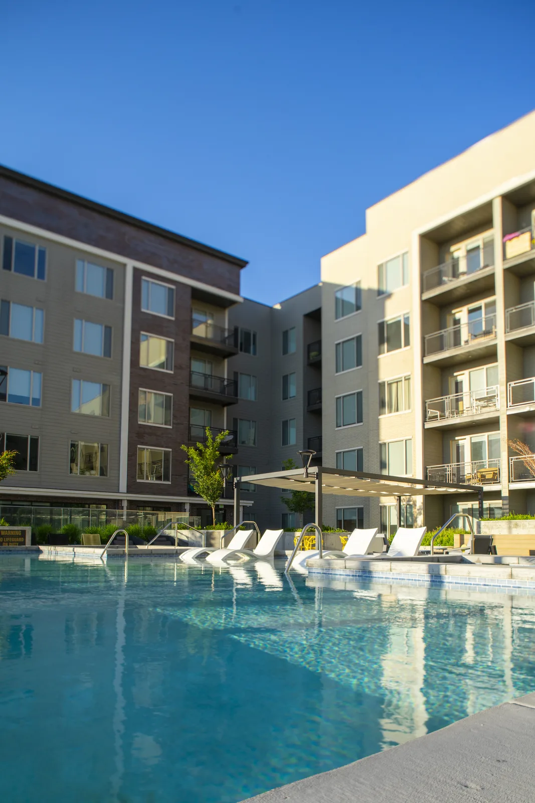 Lounge chairs lining the pool deck by day