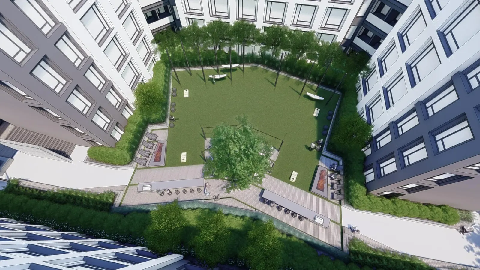 Design rendering: a courtyard firepit lounge