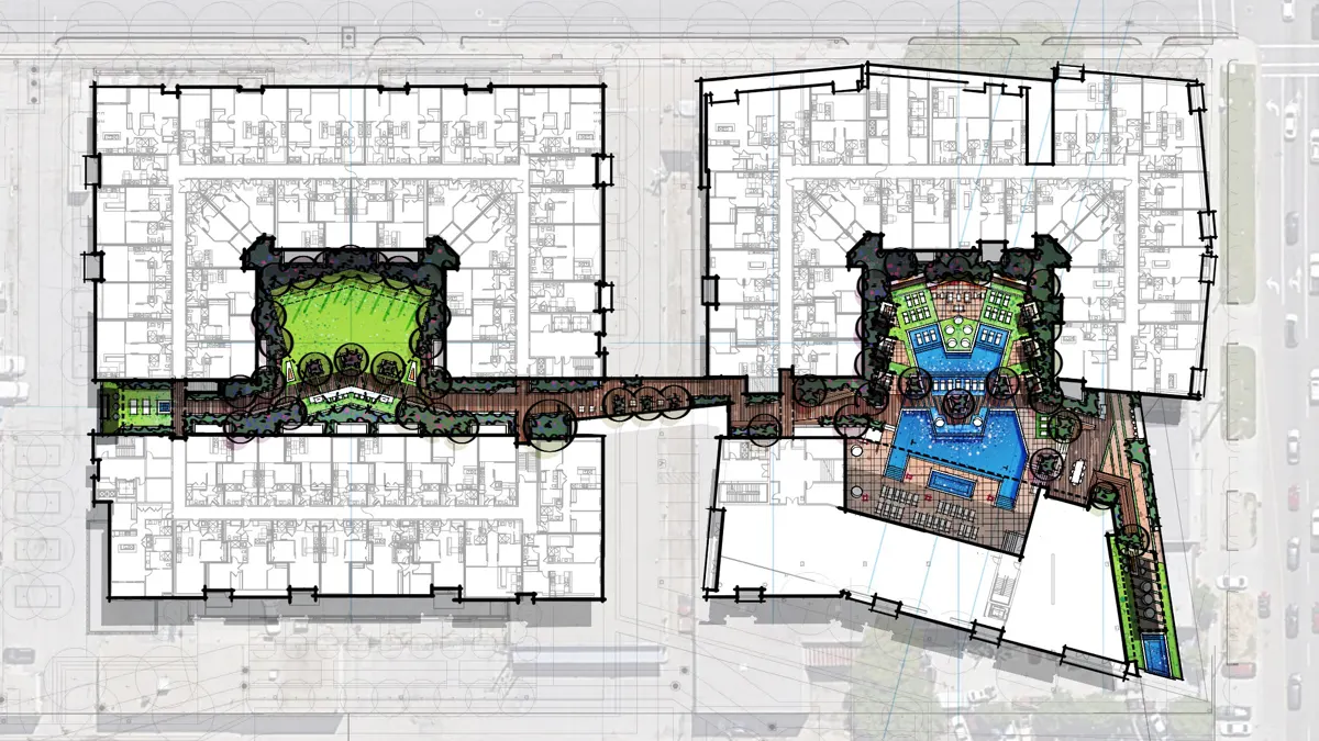 Design rendering: the podium concept plan, two courtyards joined by a living street
