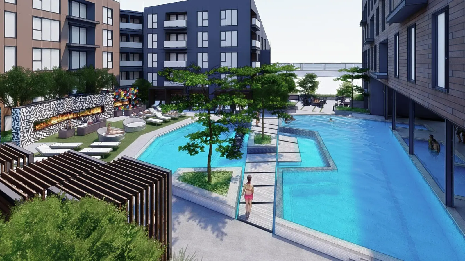 Design rendering: the pool with the steel art tree at its center