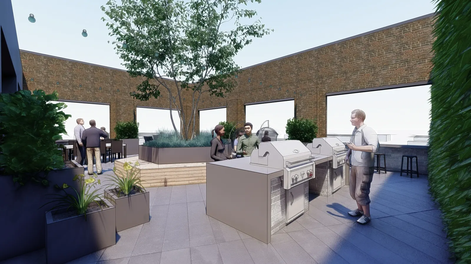 The rooftop firepit decks · the signature amenity · design rendering