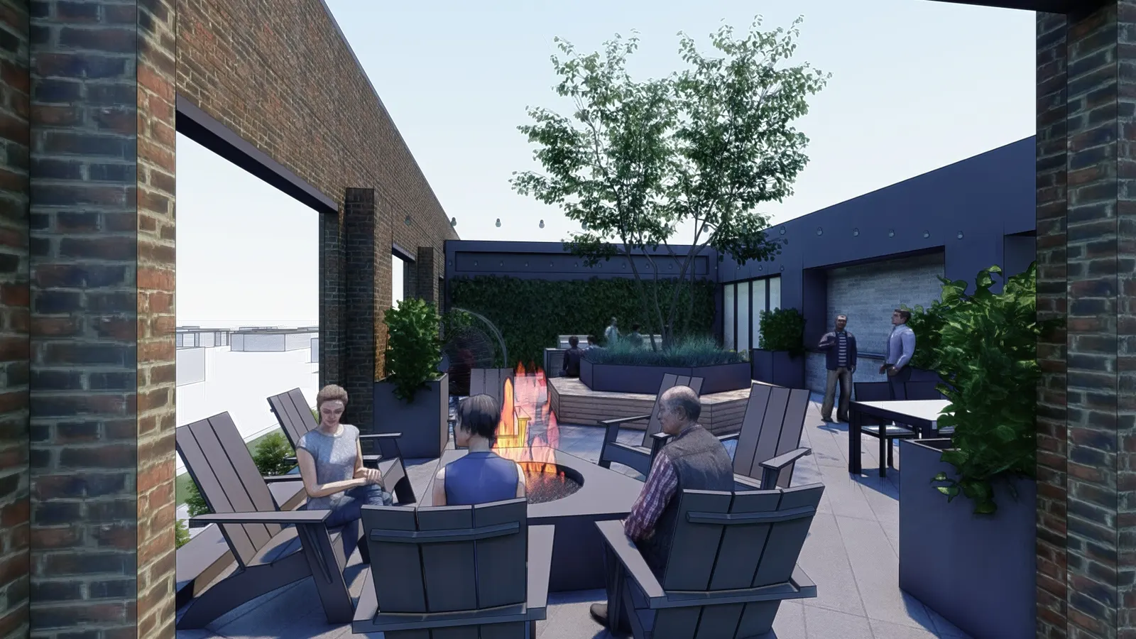 Firepit and Adirondacks inside the brick portals · design rendering