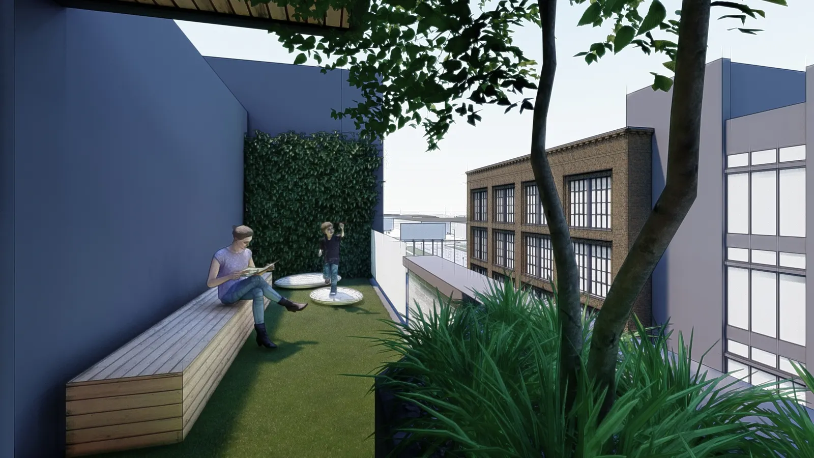 A cantilevered roof over the firepit · design rendering
