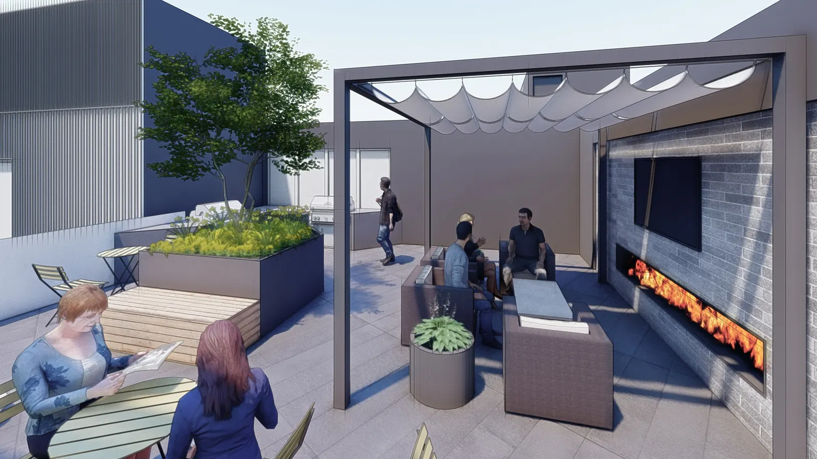Pergola and fireplace wall · design rendering