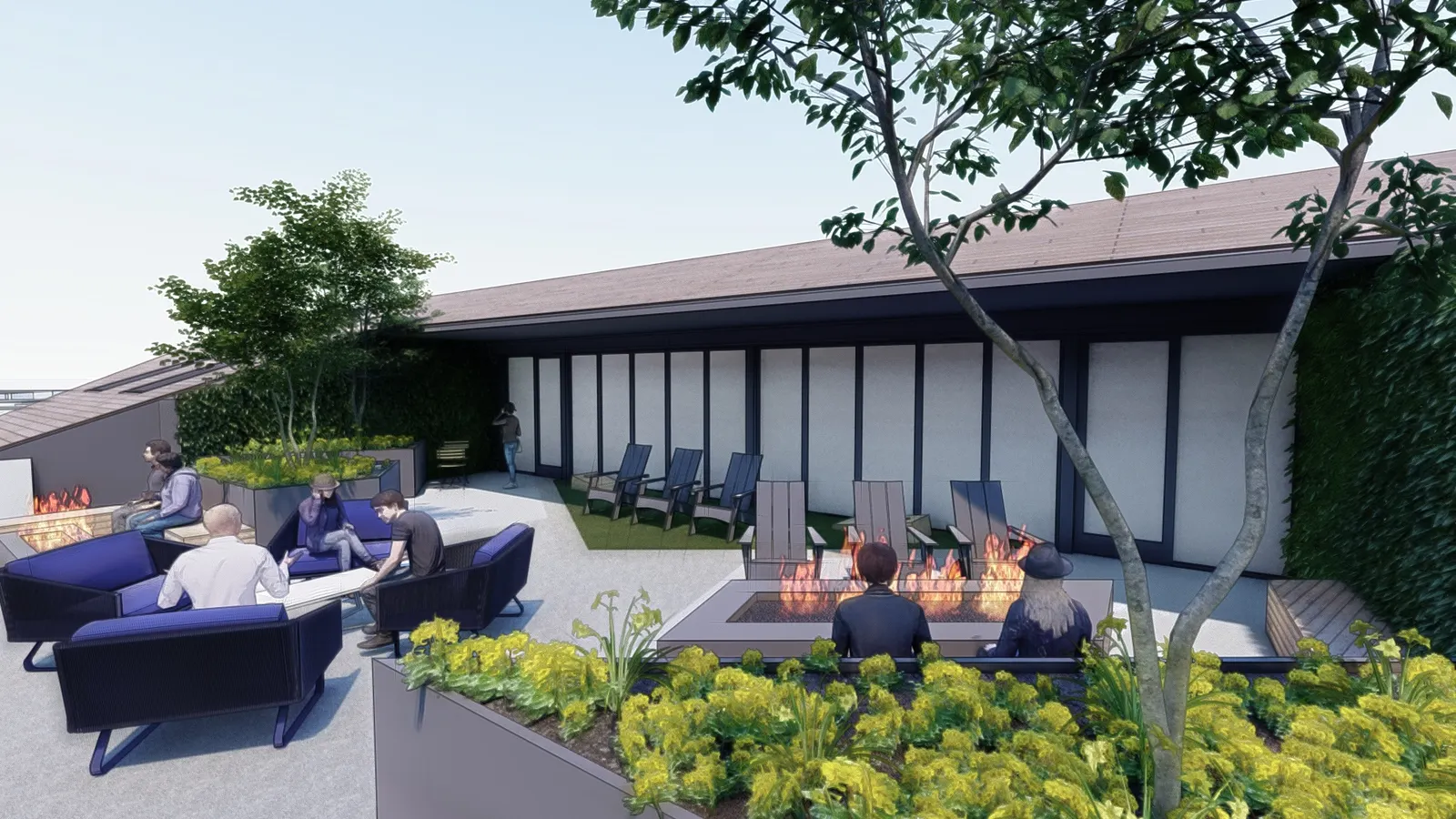 Lawn, hedges and a fire table · design rendering