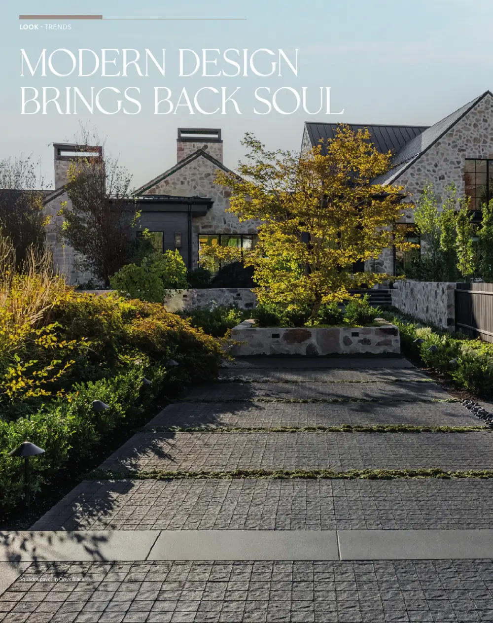 Page 16 of the Techo-Bloc 2026 Landscape Catalog: Modern Elm under the headline Modern Design Brings Back Soul