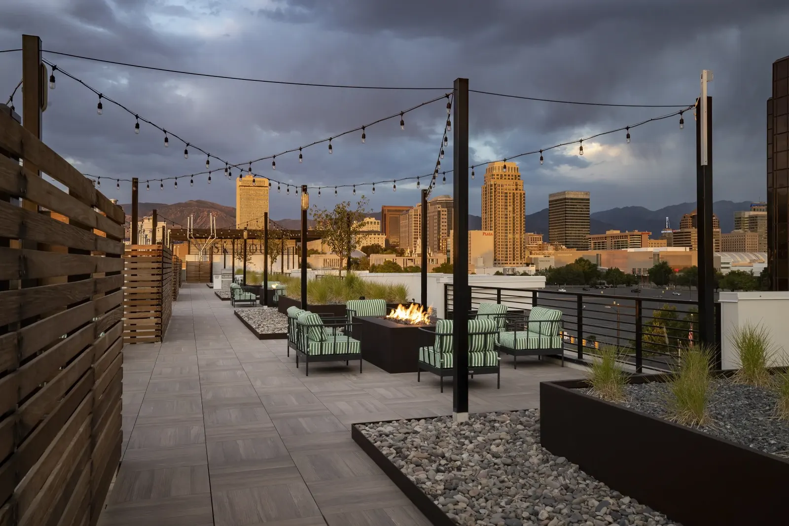 The rooftop · 360-degree views, fire pits, outdoor kitchens