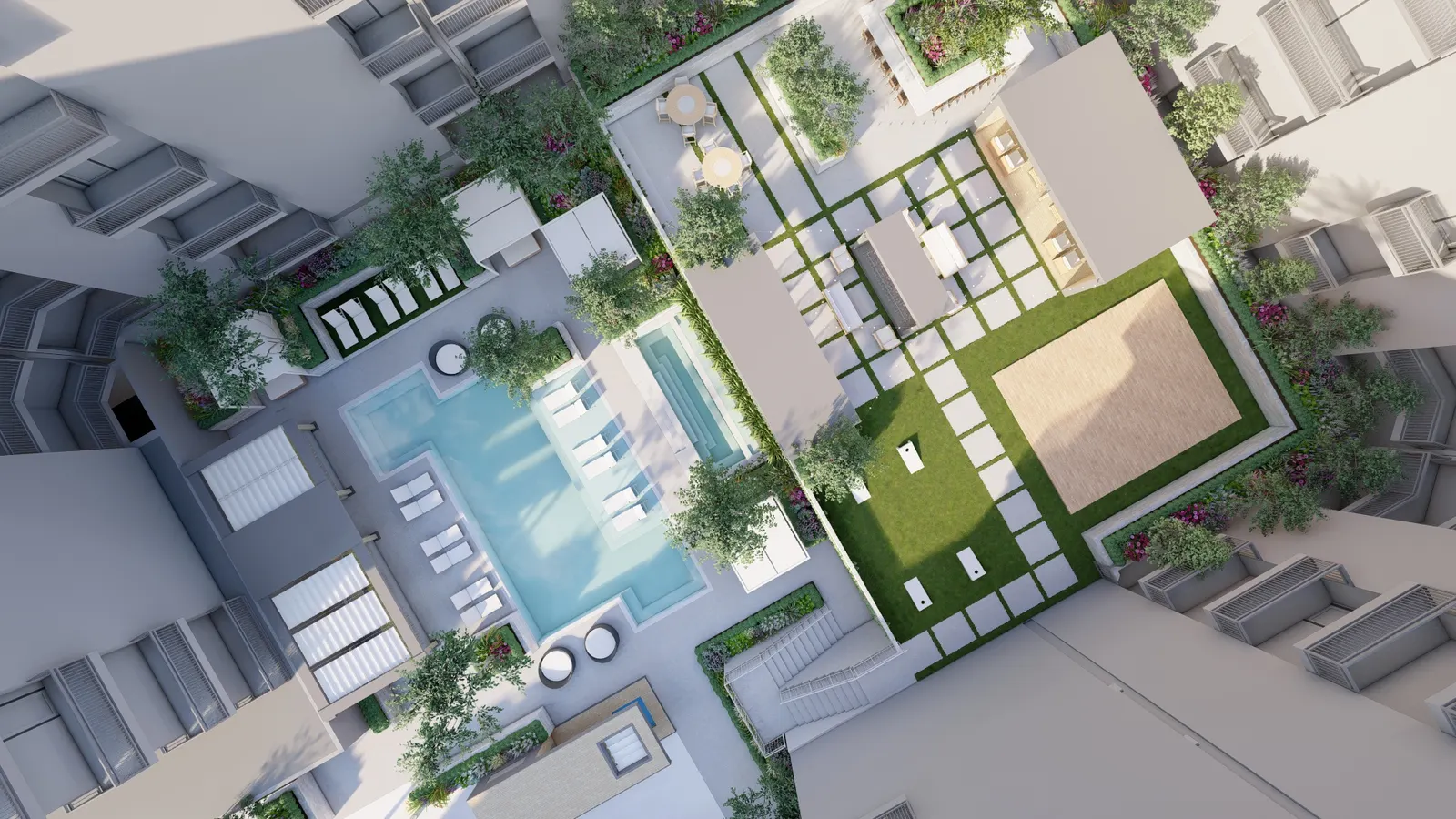 10th + Elm, concept rendering of the rooftop and courtyard amenities